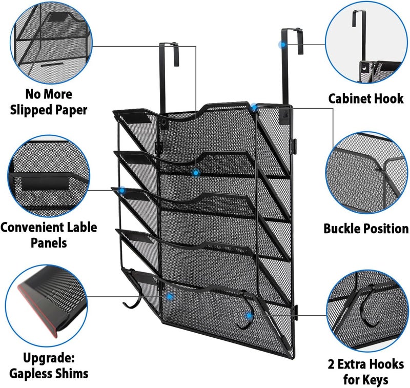 BOHDK Wall File Organizer 5 Pockets, Mail Organizer, Hanging Folder Holder, Foldable | Hanging or Wall Mounted | Label Panel | 2 Hooks | Office Home School Organizer, Black - Image 2